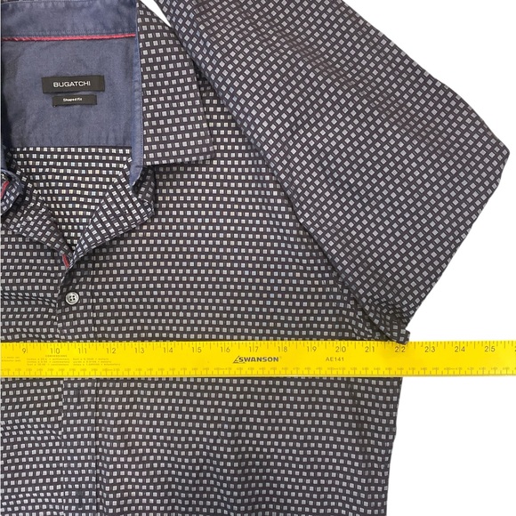 Bugatchi Shaped Fit Geometric Button Down Shirt Navy Gray‎ Modern Dress Shirt L - Picture 10 of 13